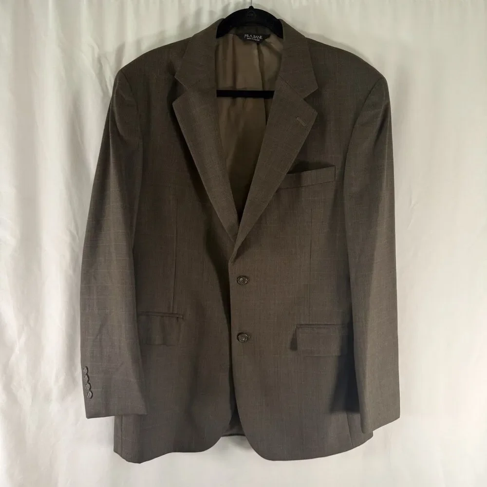Jos A Bank Wool Cashmere Blazer Men's 41 Brown Plaid 2 Button Front Inner Pocket